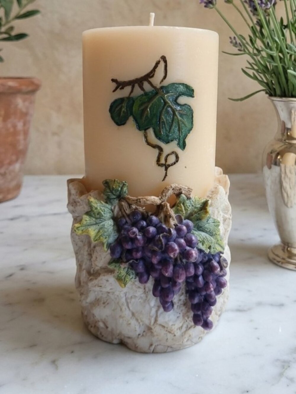 Rustic Mediterranean Faux Stone Resin Grape Motif Pillar Candle And Hand Painted